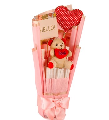 Little Pink Serisi - Kalp Yastık ve Kalpli Peluş Ayıcık Buketi