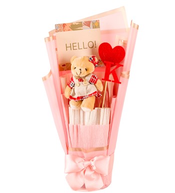 Little Pink Serisi - Kişiye Özel Keçe Baskılı Harf ve Peluş Ayıcık Buketi