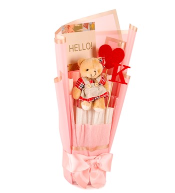 Little Pink Serisi - Kişiye Özel Keçe Baskılı Harf ve Peluş Ayıcık Buketi