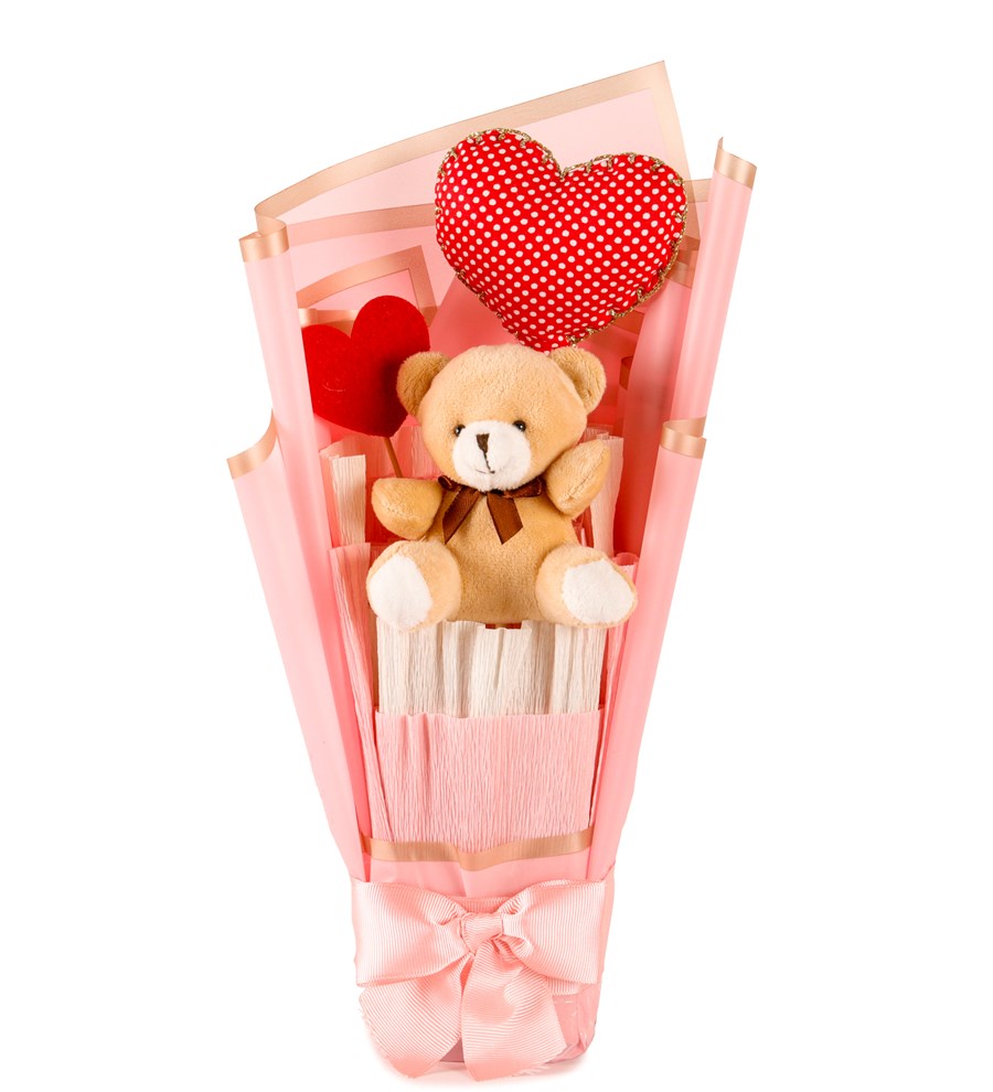 Little Pink Serisi - Kalp Yastık ve Peluş Ayıcık Buketi