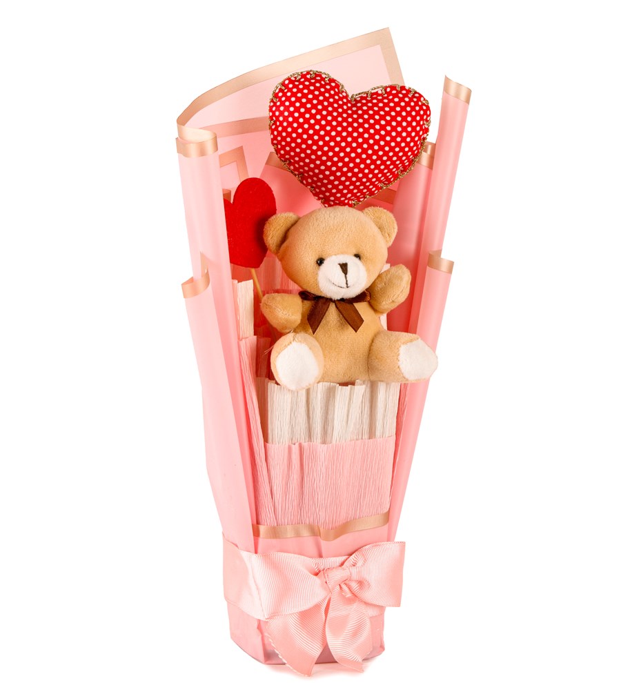 Little Pink Serisi - Kalp Yastık ve Peluş Ayıcık Buketi