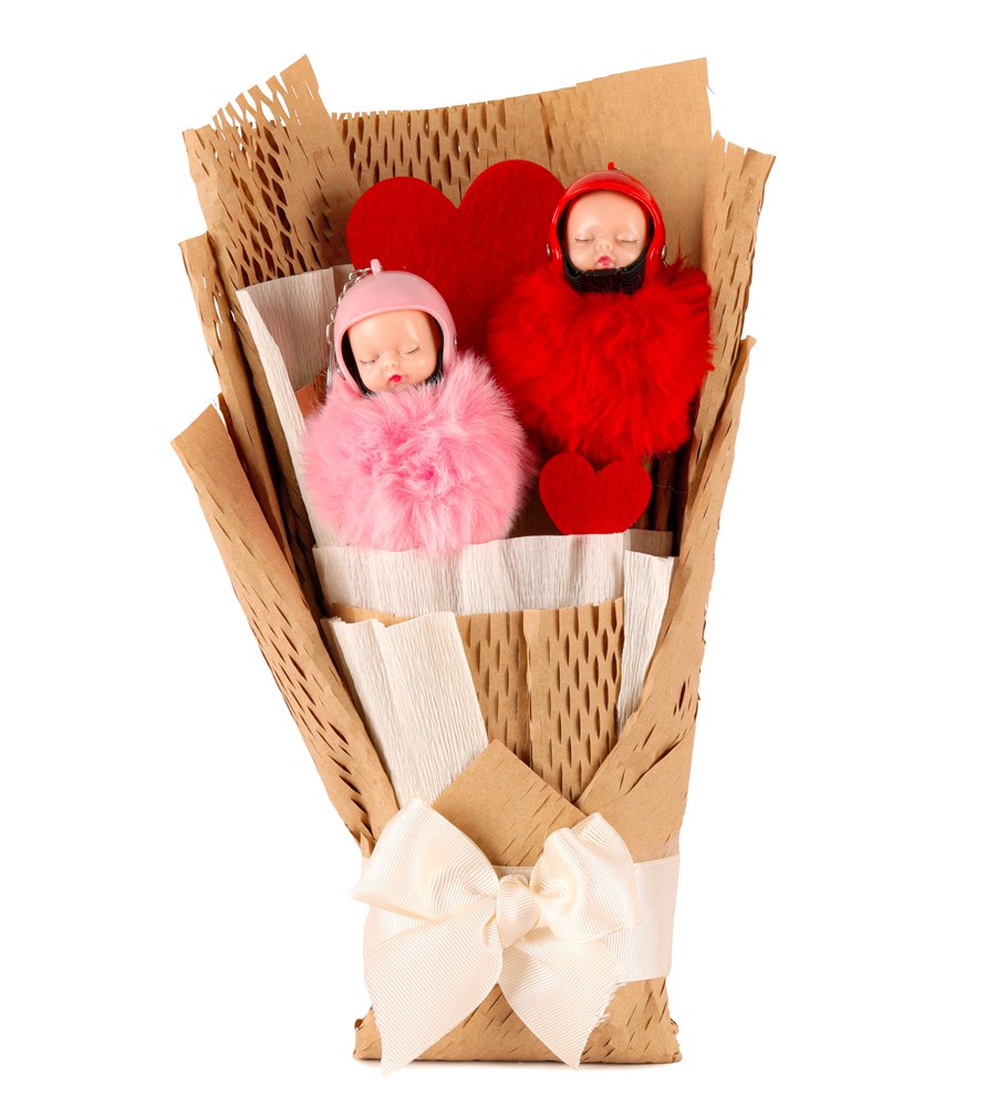 Little Kraft Serisi - Sevimli Uyuyan Kırmızı ve Pembe Ponpon Bebek Buketi