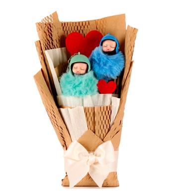 Little Kraft Serisi - Sevimli Uyuyan Yeşil ve Mavi Ponpon Bebek Buketi
