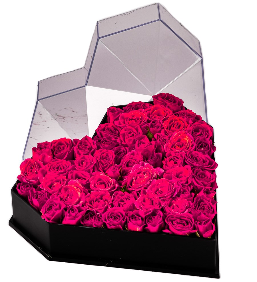 Love Box - Kalp Kutuda Fuşya Mini Gül Tasarım