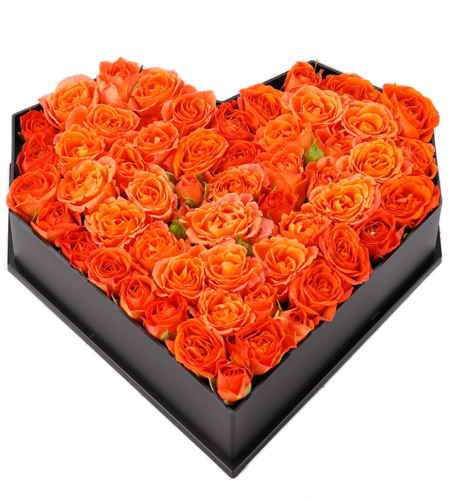 Love Box - Kalp Kutuda Turuncu Mini Gül Tasarım