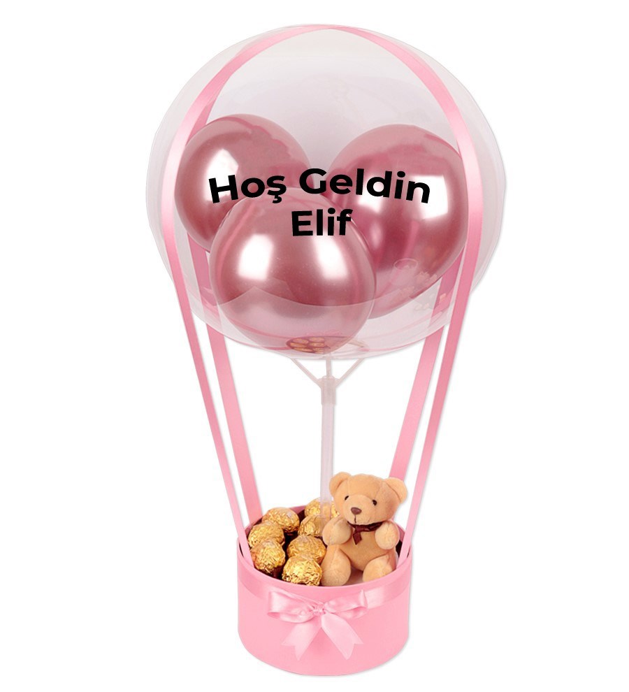 Balonlu Gold Fındıklı Çikolatalı Peluşlu Pembe Kutu