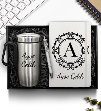 Lilyana Flowers - Kişiye Özel Çelik Bardak Termos & Defter & Plastik Kalem Hediye Seti