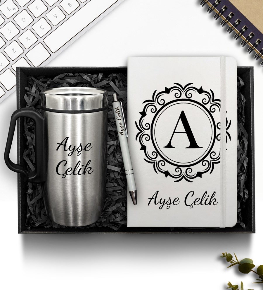 Kişiye Özel Çelik Bardak Termos & Defter & Plastik Kalem Hediye Seti