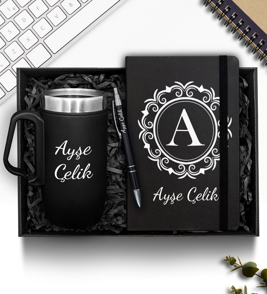 Kişiye Özel Siyah Bardak Termos & Defter & Plastik Kalem Hediye Seti