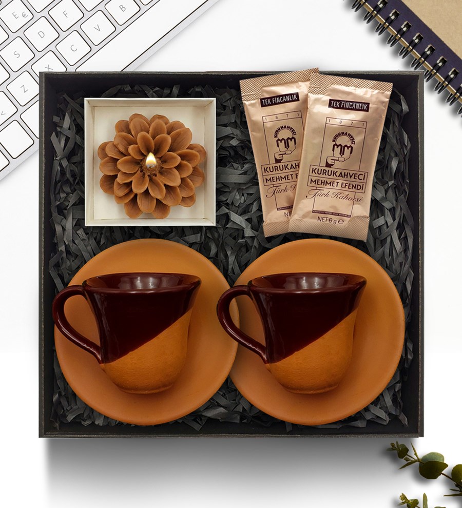 Çömlek Fincan Takımı & Çiçek Mum & Mehmet Efendi Türk Kahvesi Hediye Seti