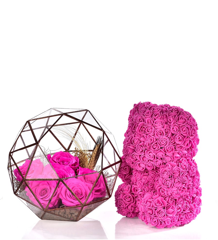 Prizma Serisi Pembe Solmayan Güller ve Teddy Ayı