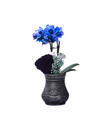 Vase in Ottoman Serisi Mini Mavi Orkide ve Mor Solmayan Gül