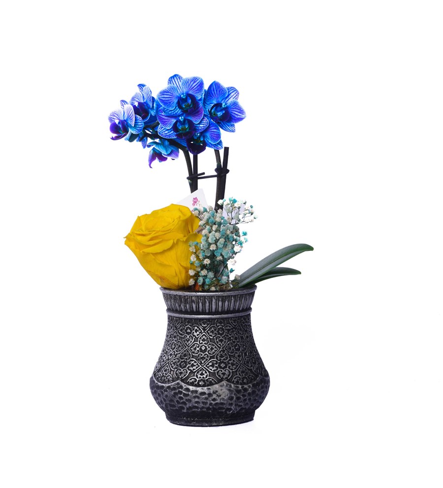 Vase in Ottoman Serisi Mini Mavi Orkide ve Sarı Solmayan Gül