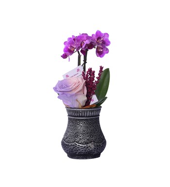 Vase in Ottoman Serisi Mini Mor Orkide ve Pembe Lila Solmayan Gül