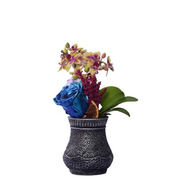 Vase in Ottoman Serisi Mini Sarı Orkide ve Metalik Mavi Solmayan Gül Kişiye Özel