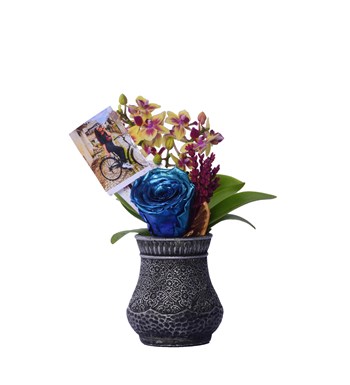 Vase in Ottoman Serisi Mini Sarı Orkide ve Metalik Mavi Solmayan Gül Kişiye Özel