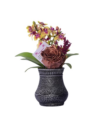 Vase in Ottoman Serisi Mini Sarı Orkide ve Metalik Bakır Solmayan Gül 