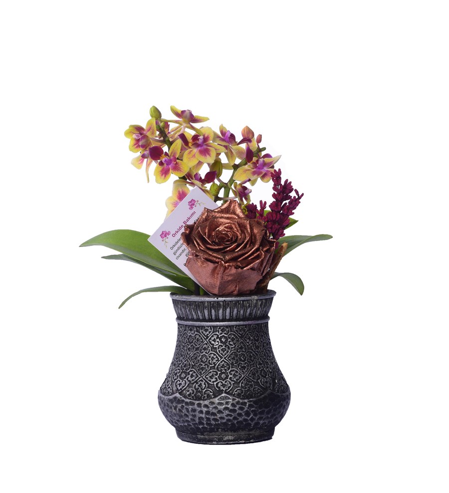 Vase in Ottoman Serisi Mini Sarı Orkide ve Metalik Bakır Solmayan Gül 