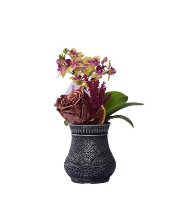 Vase in Ottoman Serisi Mini Sarı Orkide ve Metalik Bakır Solmayan Gül 