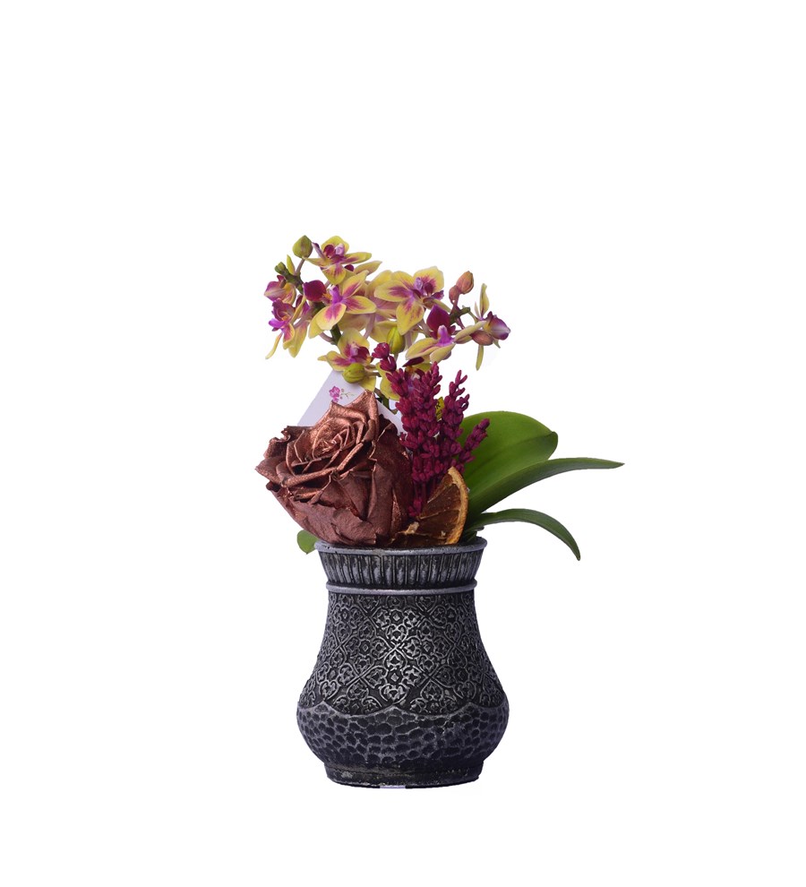 Vase in Ottoman Serisi Mini Sarı Orkide ve Metalik Bakır Solmayan Gül 