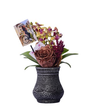 Vase in Ottoman Serisi Mini Sarı Orkide ve Metalik Bakır Solmayan Gül 