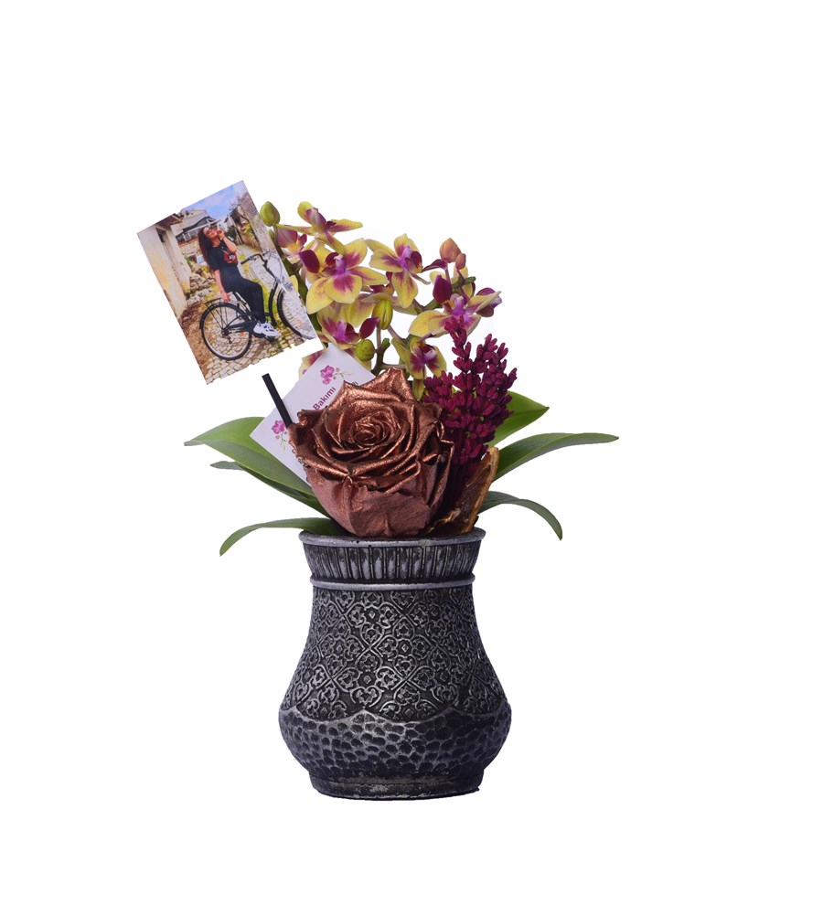 Vase in Ottoman Serisi Mini Sarı Orkide ve Metalik Bakır Solmayan Gül 