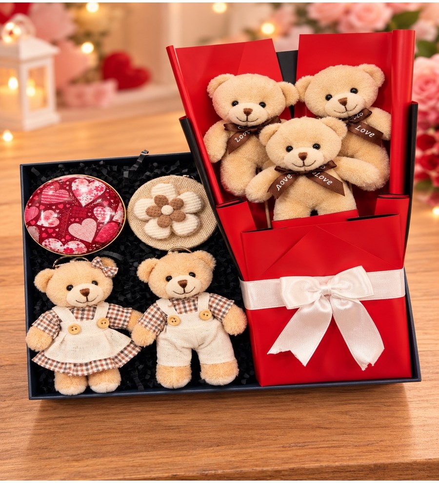 Ayıcık Buketi Ayna Mum Peluş Anahtarlık Hediye Seti