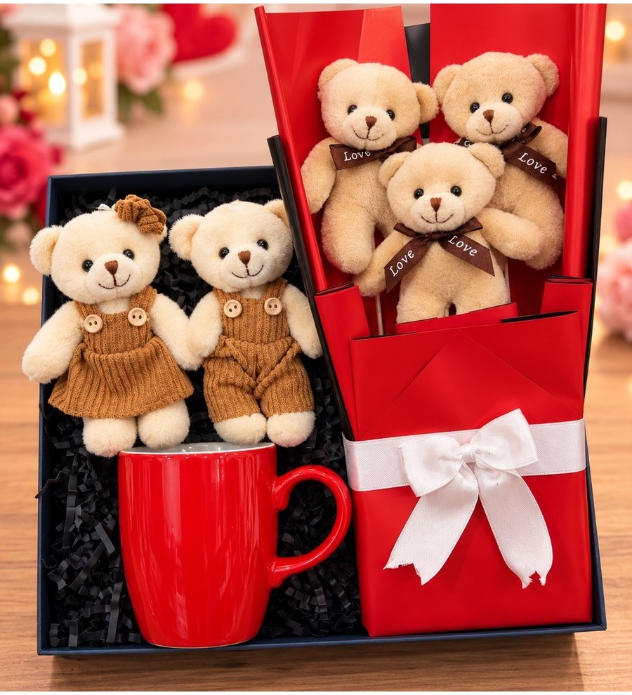 Ayıcık Buketi Kupa Bardak Peluş Anahtarlık Hediye Sei