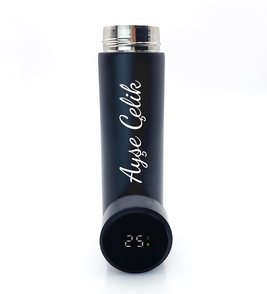 Kişiye Özel Siyah 500 ML Dereceli Termos & Kupa & Defter & Cam Suluk & Kalem Hediye Seti