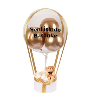 Balonlu Yuvarlak Beyaz Kutuda Ayıcıklı Yapay Beyaz Gül