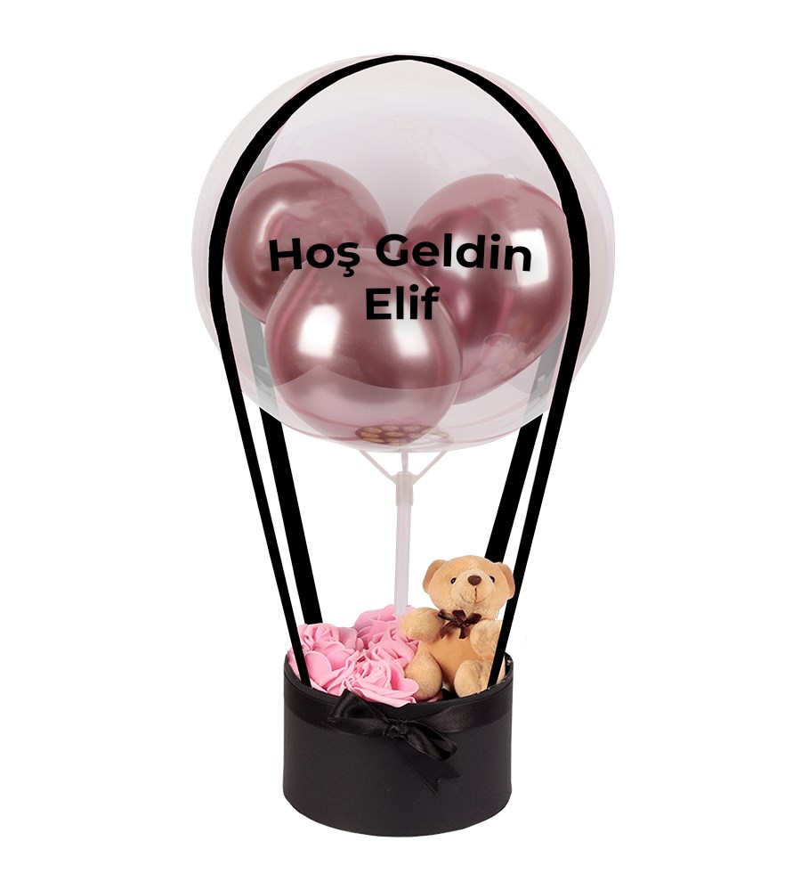 Balonlu Yuvarlak Siyah Kutuda Ayıcıklı Yapay Pembe Gül