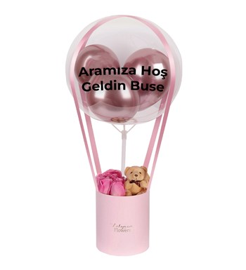 Balonlu Ayıcıklı Pembe Kutuda Pembe Gül