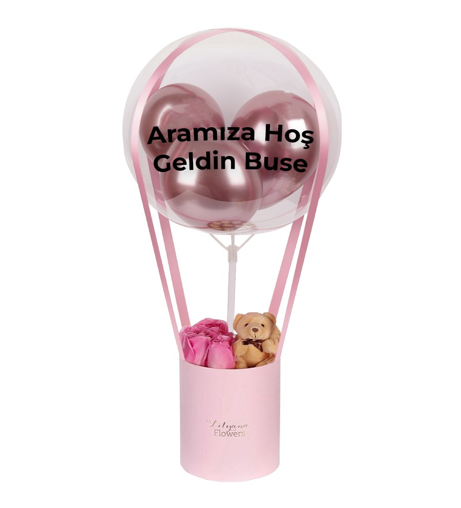 Balonlu Ayıcıklı Pembe Kutuda Pembe Gül