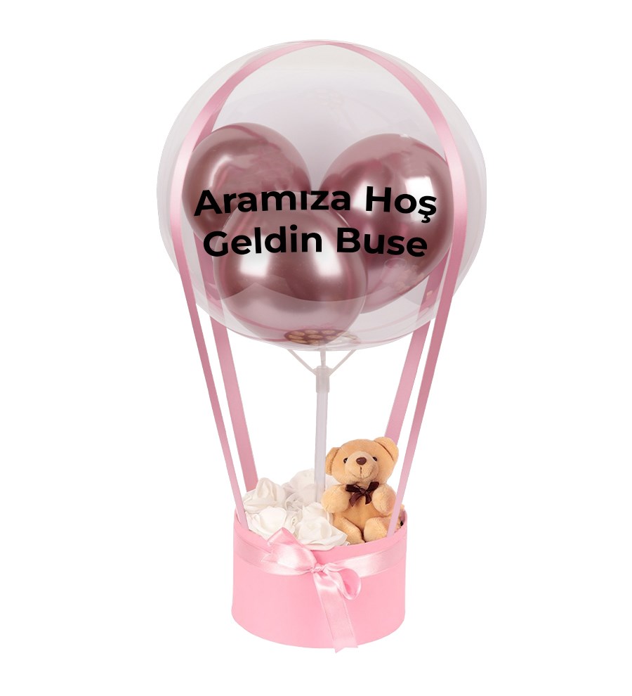 Balonlu Yuvarlak Pembe Kutuda Ayıcıklı Yapay Beyaz Gül