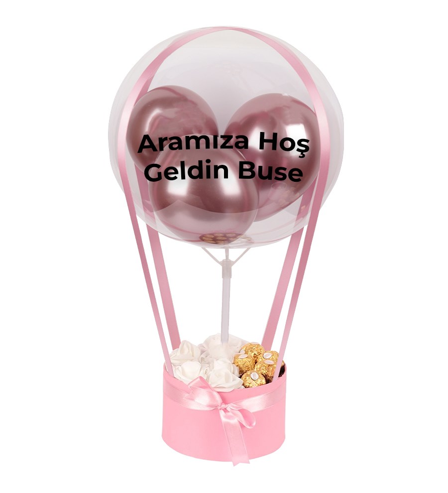 Balonlu Yuvarlak Pembe Kutuda Çikolatalı Yapay Beyaz Gül