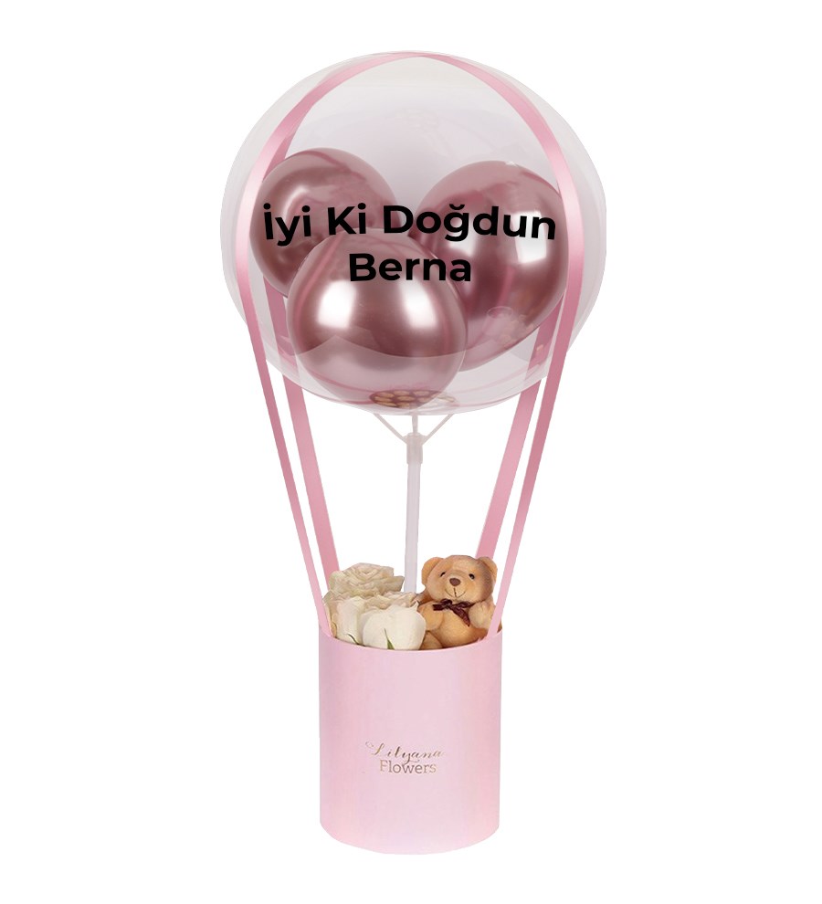 Balonlu Ayıcıklı Pembe Kutuda Beyaz Gül