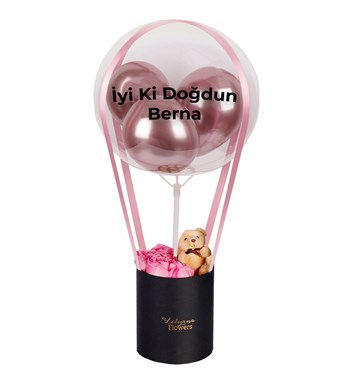 Balonlu Ayıcıklı Siyah Kutuda Pembe Gül