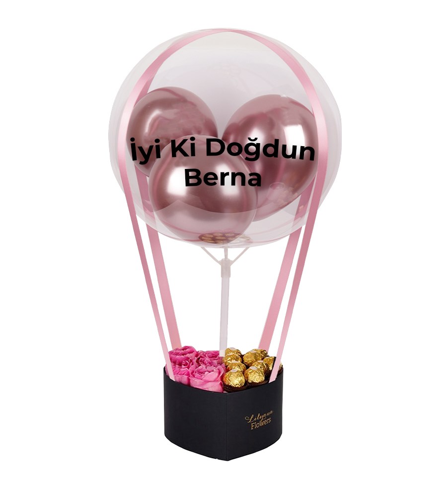 Balonlu Kalpli Çikolatalı Kutuda Pembe Gül