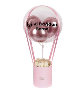 Balonlu Pembe Kutuda Beyaz Gül
