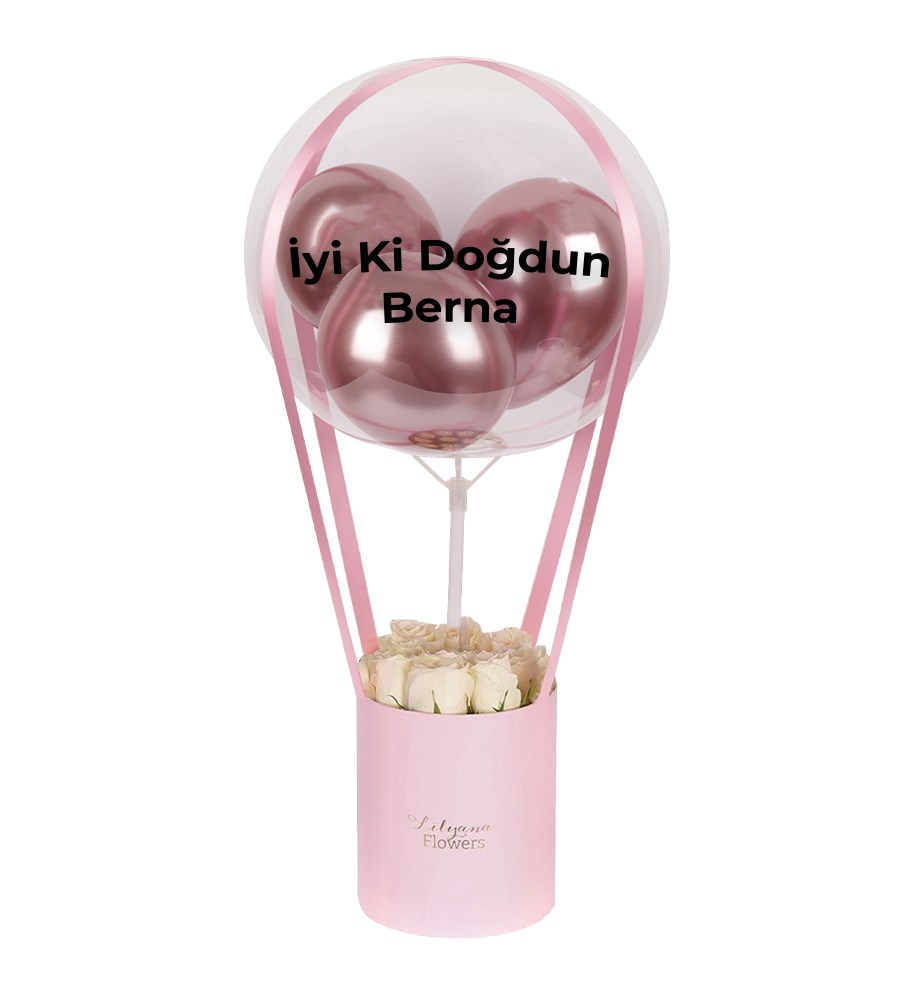 Balonlu Pembe Kutuda Beyaz Gül