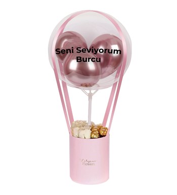 Balonlu Rocherli Pembe Kutuda Beyaz Gül