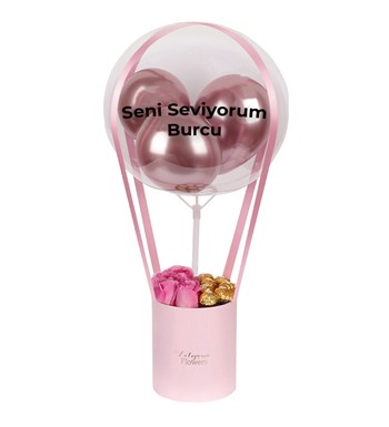 Balonlu Rocherli Pembe Kutuda Pembe Gül
