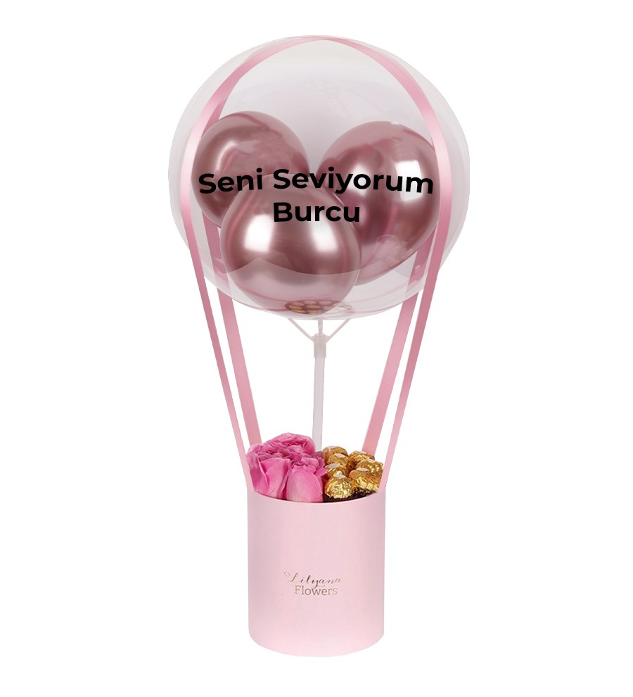 Balonlu Çikolatalı Pembe Kutuda Pembe Gül