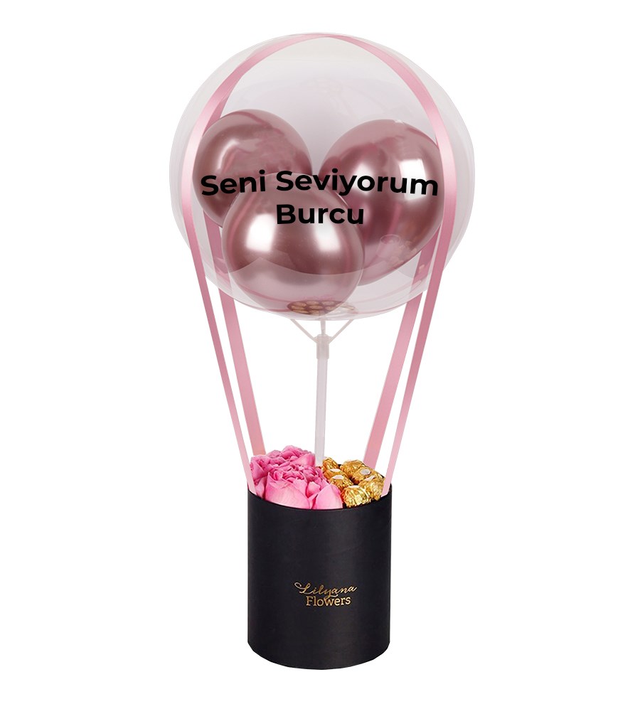 Balonlu Çikolatalı Siyah Kutuda Pembe Gül