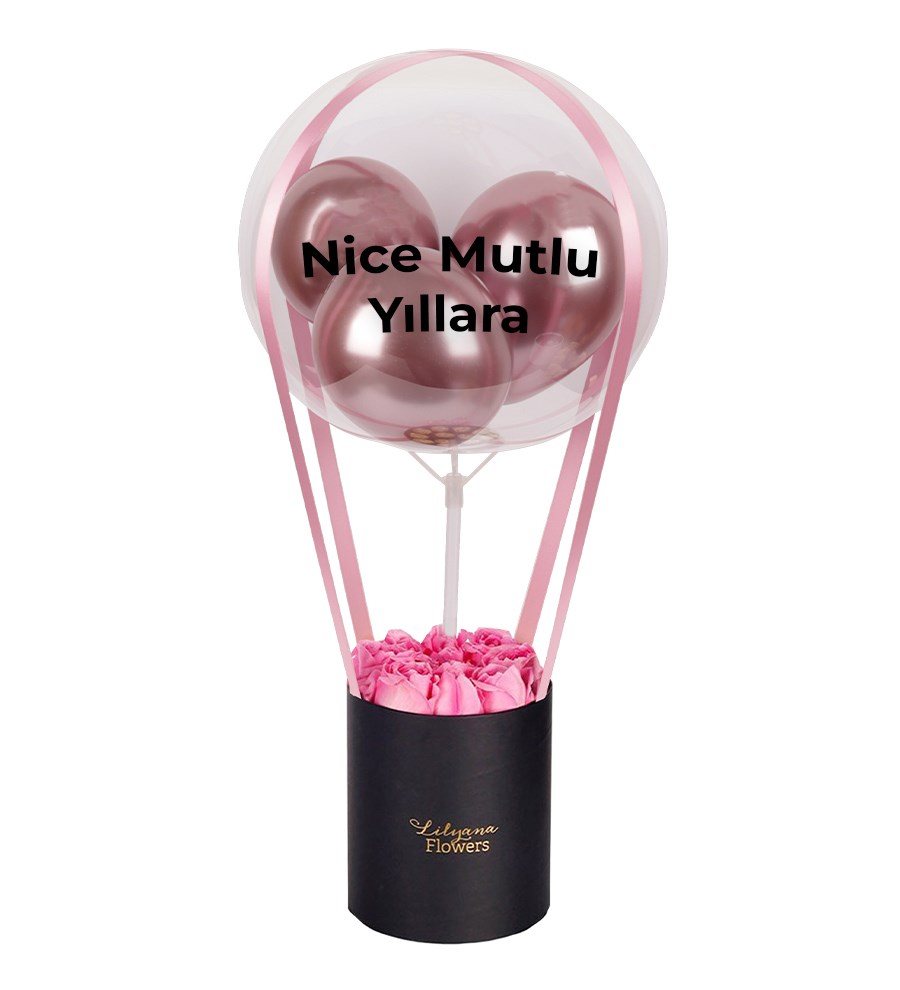Balonlu Siyah Kutuda Pembe Gül