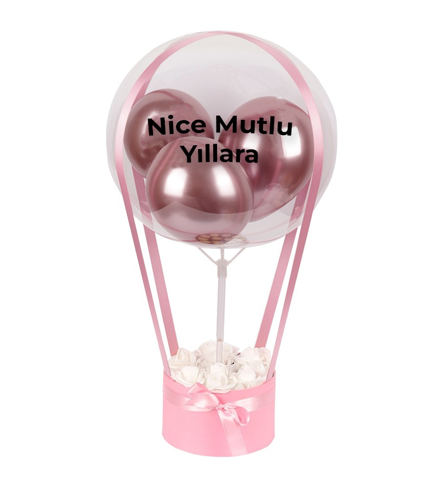 Balonlu Yuvarlak Pembe Kutuda Yapay Beyaz Gül
