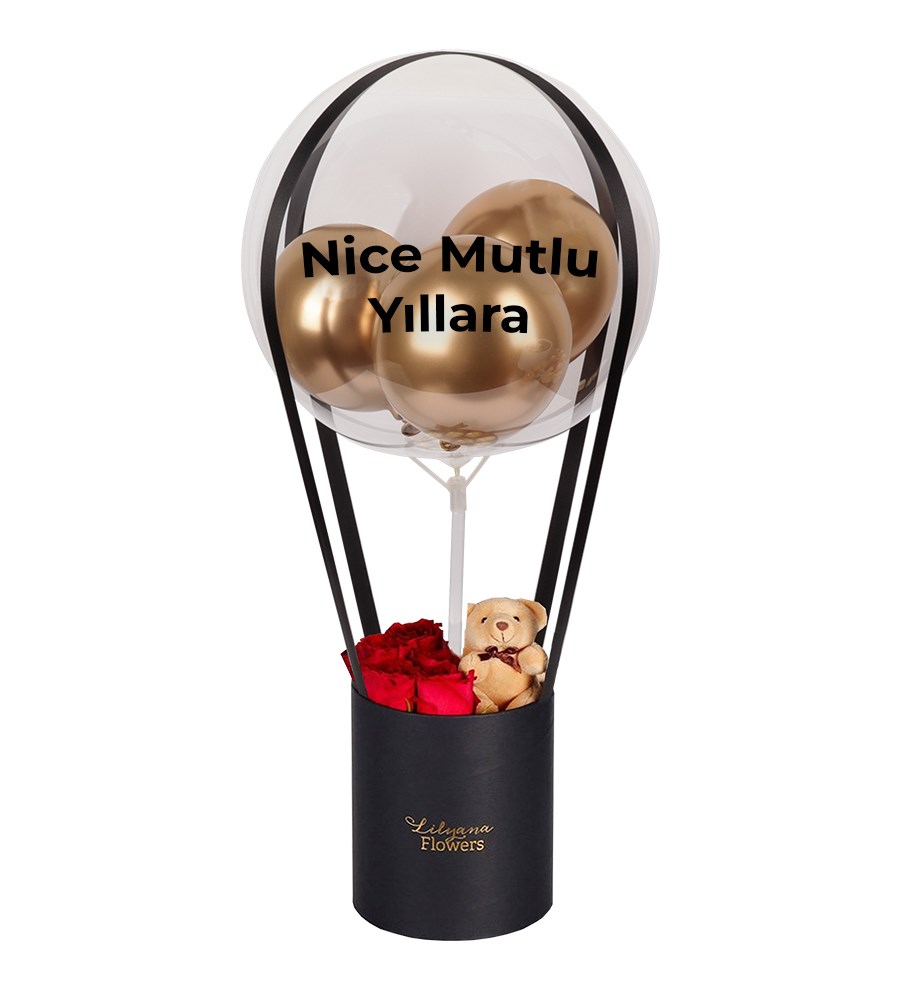 Balonlu Ayıcıklı Siyah Kutuda Kırmızı Gül