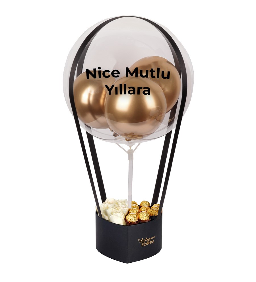 Balonlu Kalpli Çikolatalı Kutuda Beyaz Gül