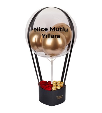 Balonlu Kalpli Rocherli Kutuda Kırmızı Gül