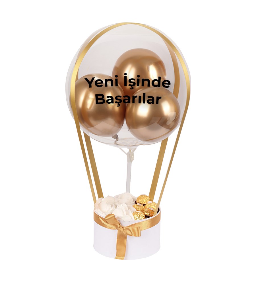 Balonlu Yuvarlak Beyaz Kutuda Çikolatalı Yapay Beyaz Gül